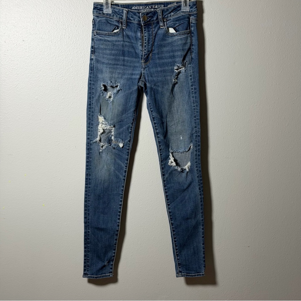 American Eagle‎ Outfitters Women's Hi-Rise Jegging Blue Distressed Jeans size 4